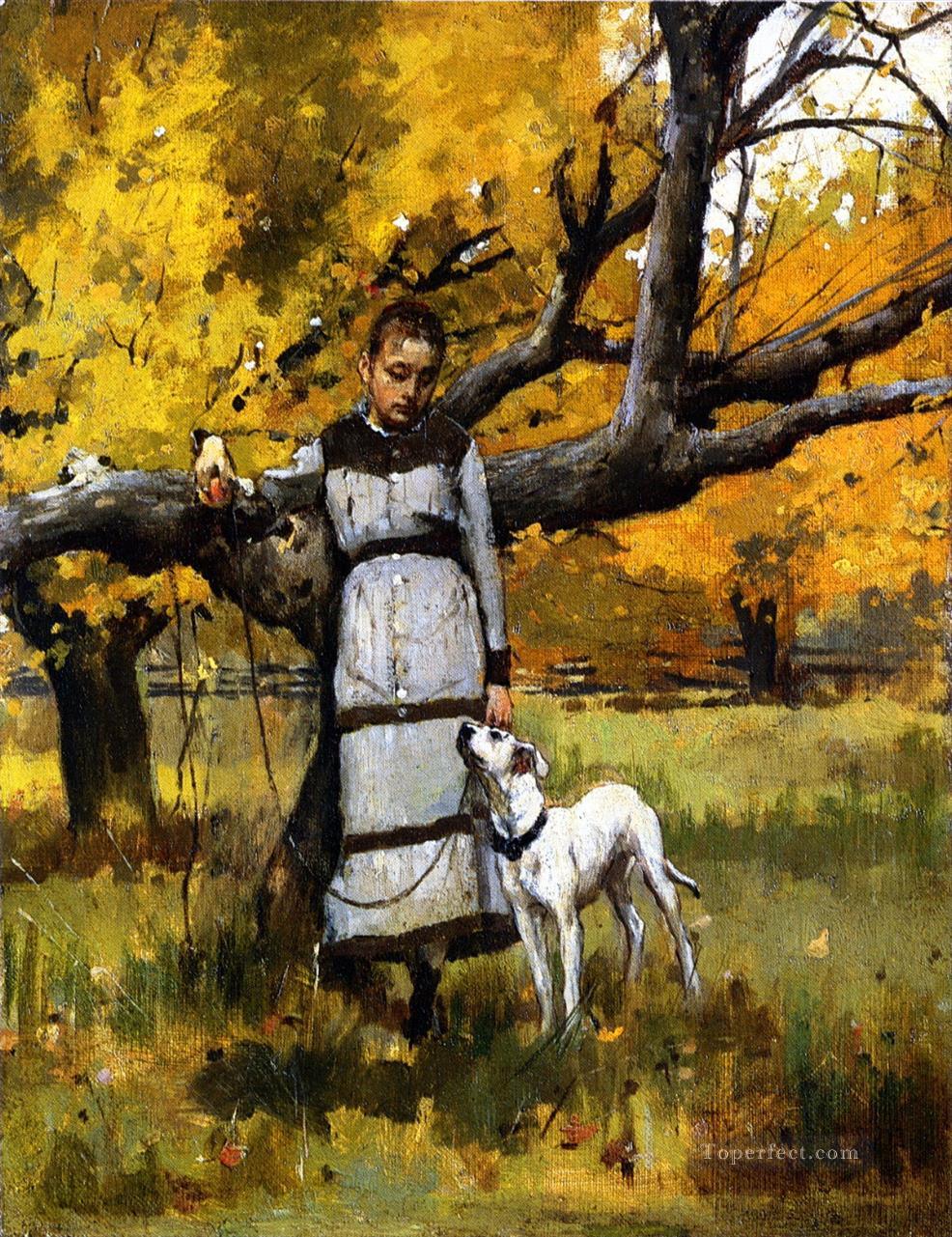 セオドア・ロビンソン犬と若い女の子油絵